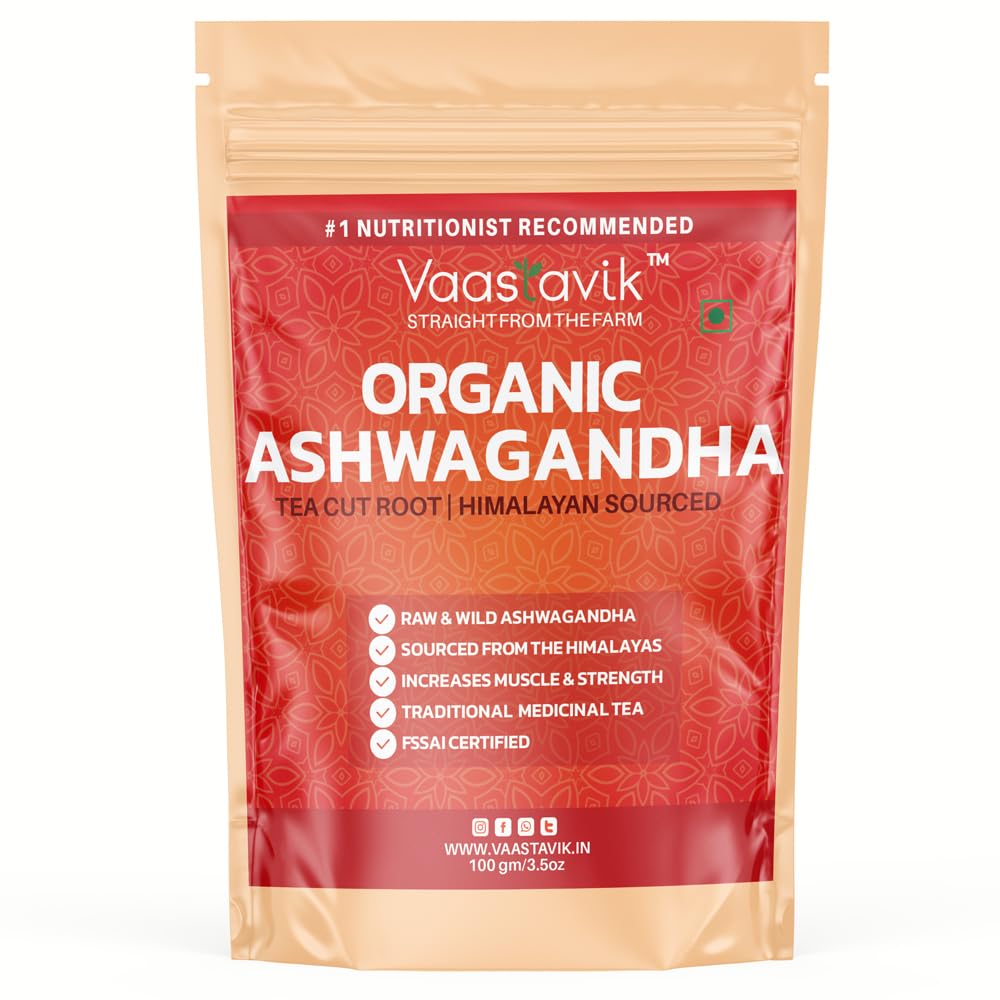 Vaastavik Raw Ashwagandha Root Tea Cut Increase Strength, Support Stress Adaptation & Sense Of Well - Being | 100gm 0.2lbs