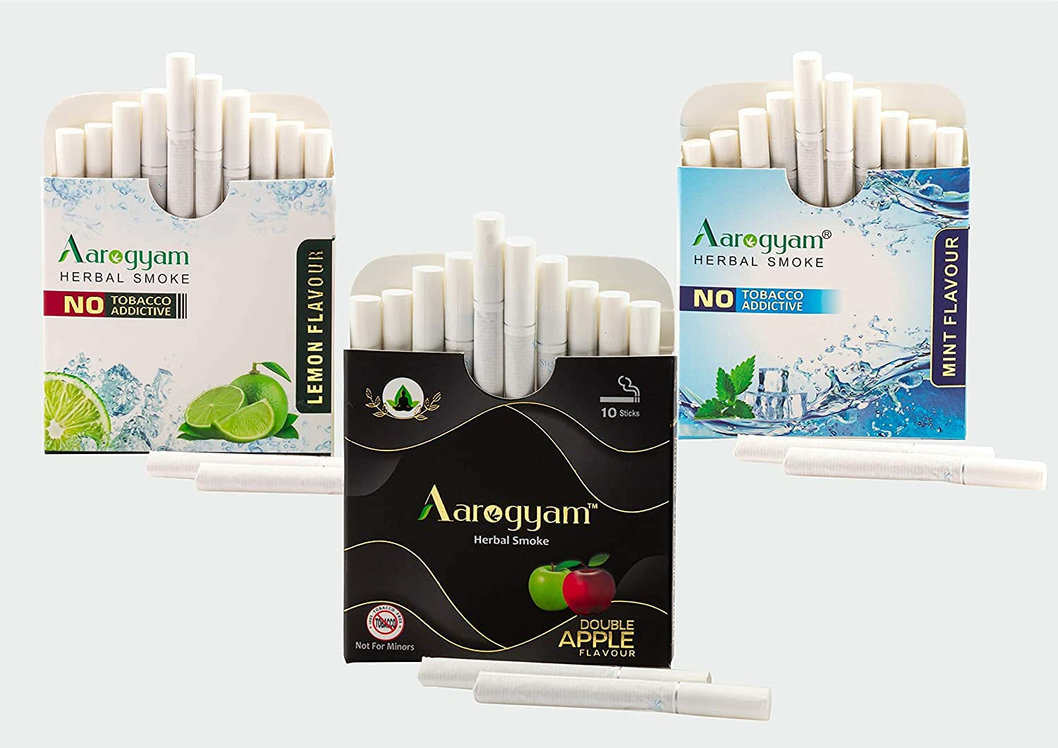 Aarogyam Herbals Tobacco & Nicotine Free Herbal Flavored Cigarette For Relieve Stress & Mood Enhance Product - Lemon, Double Apple, Mint Flavour - Pack Of 3 (10x3)