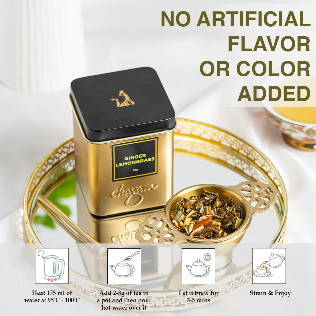 Chayam Ginger Lemongrass Tea - 50gm Tin, 1.7 Ounce | Refreshing Blend With Lemon Peel, Licorice & Spearmint - Rich In Antioxidants | Caffeine Free