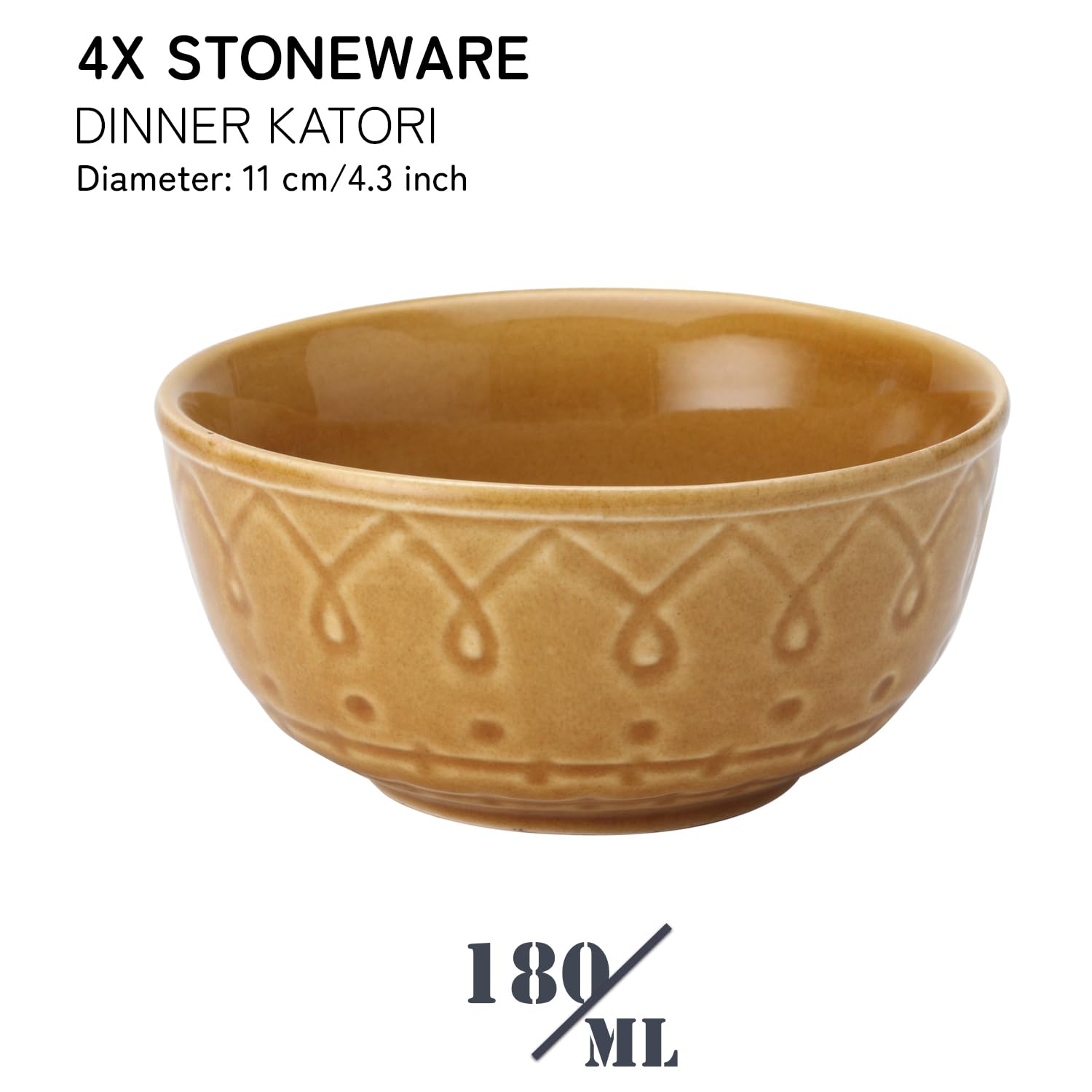 Ceramic Hand Glazed Stoneware Embossed Dinner Katori Set Of 4 - 180ml Each, Golden Brown | Microwave Safe & Dishwasher Safe - Small Serving Bowl Set