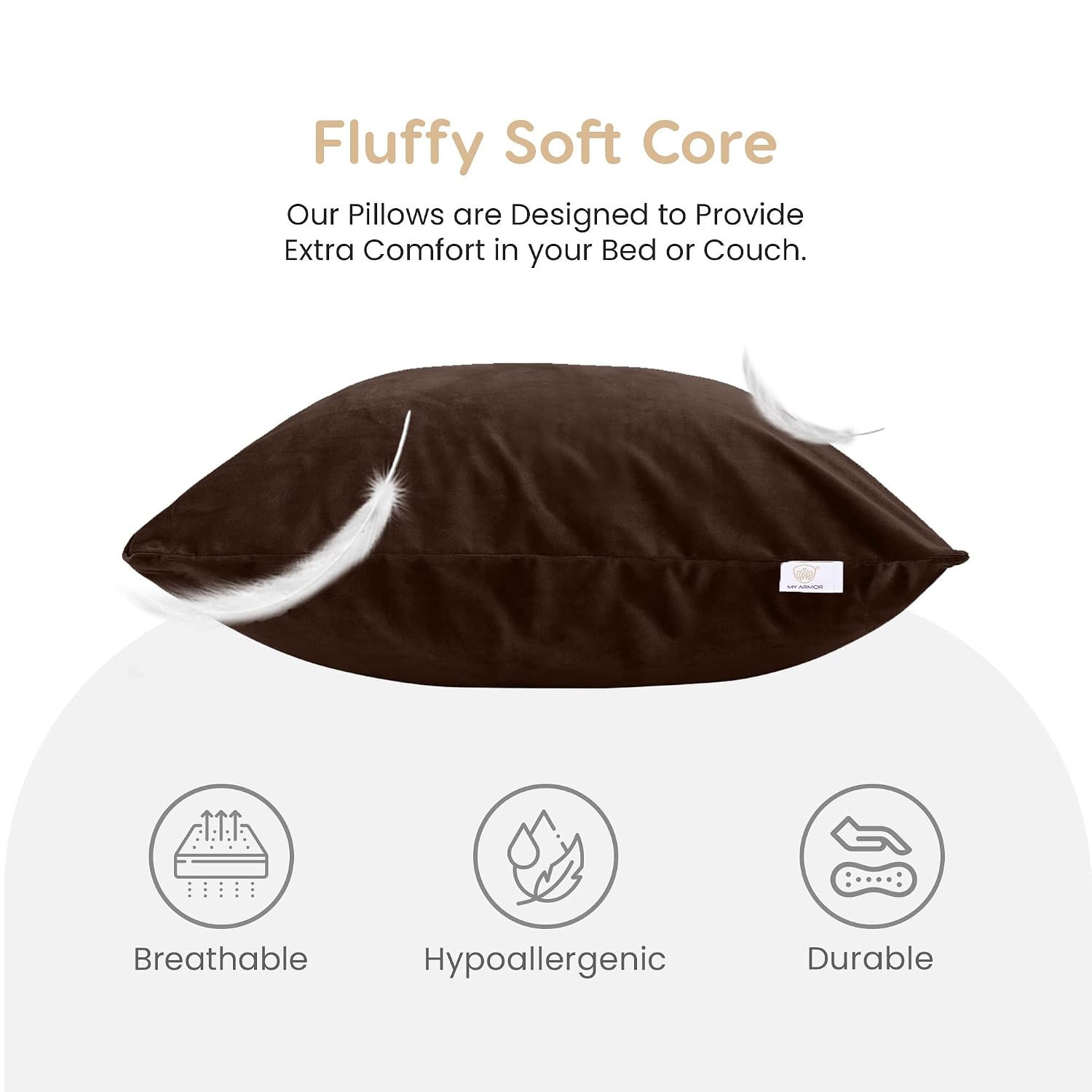 Microfiber Square Soft Pillow Cushion For Sofa & Bed, Brown - 24 X 24 Inch | Fluffy Pillow For Comfort & Back Support | Hypoallergenic, Washable | Premium Velvet Cover With Zip - Pack Of 1