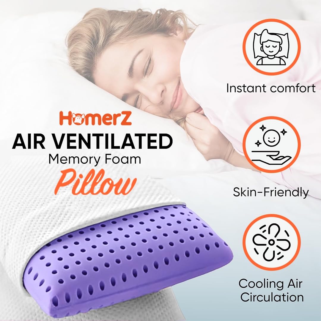 Premium Ventilated Memory Foam Cooling Pillow With Neck, Model - Lavender | For Head, Shoulder & Back Support - Relaxing For Side, Back, Stomach Sleepers, Bed Pillow - Pack Of 2