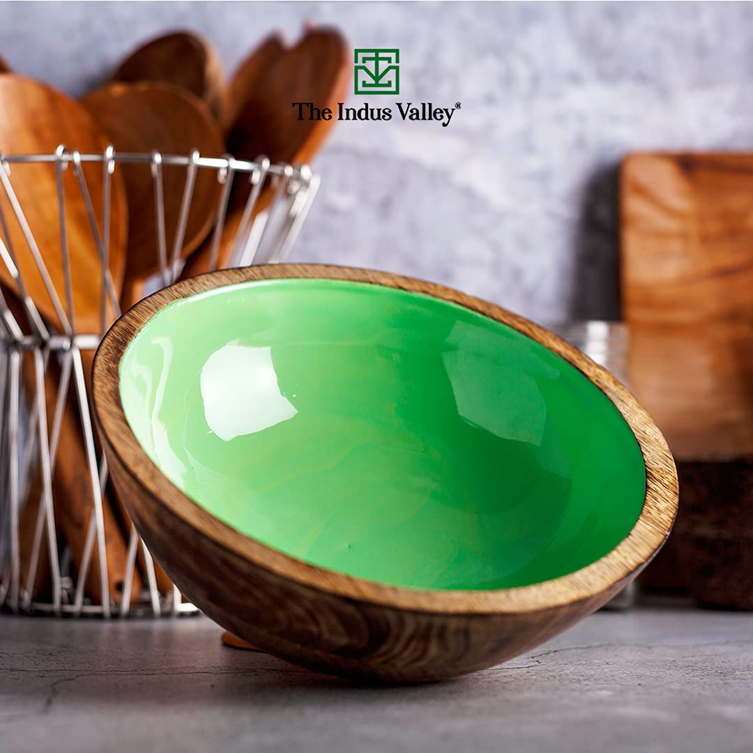 Brown Ceramic Glazed Mango Wood Bowl - 1.5 Liters | Mixing & Serving Bowl, Salad Bowl, Cereal Bowl, Fruits & Vegetables Bowl, Snacks Bowl, Breakfast Bowl