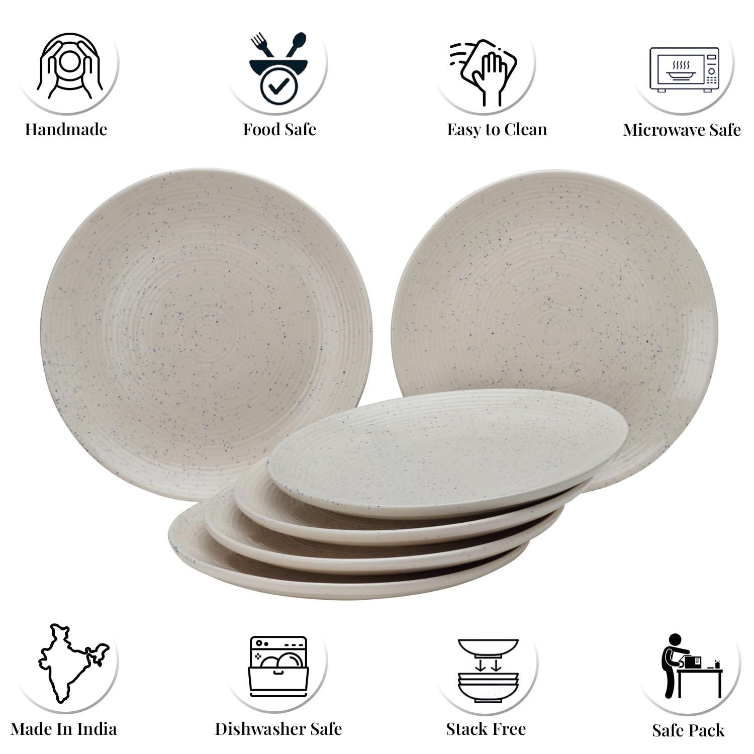 Ceramic Hand Glazed Stoneware Large Dinner Plates Set Of 6 - 10.6 Inch, Ivory | Microwave Safe & Dishwasher Safe - Handcrafted Dinner Plates, Full Plate Set Crockery For Dining & Gifting