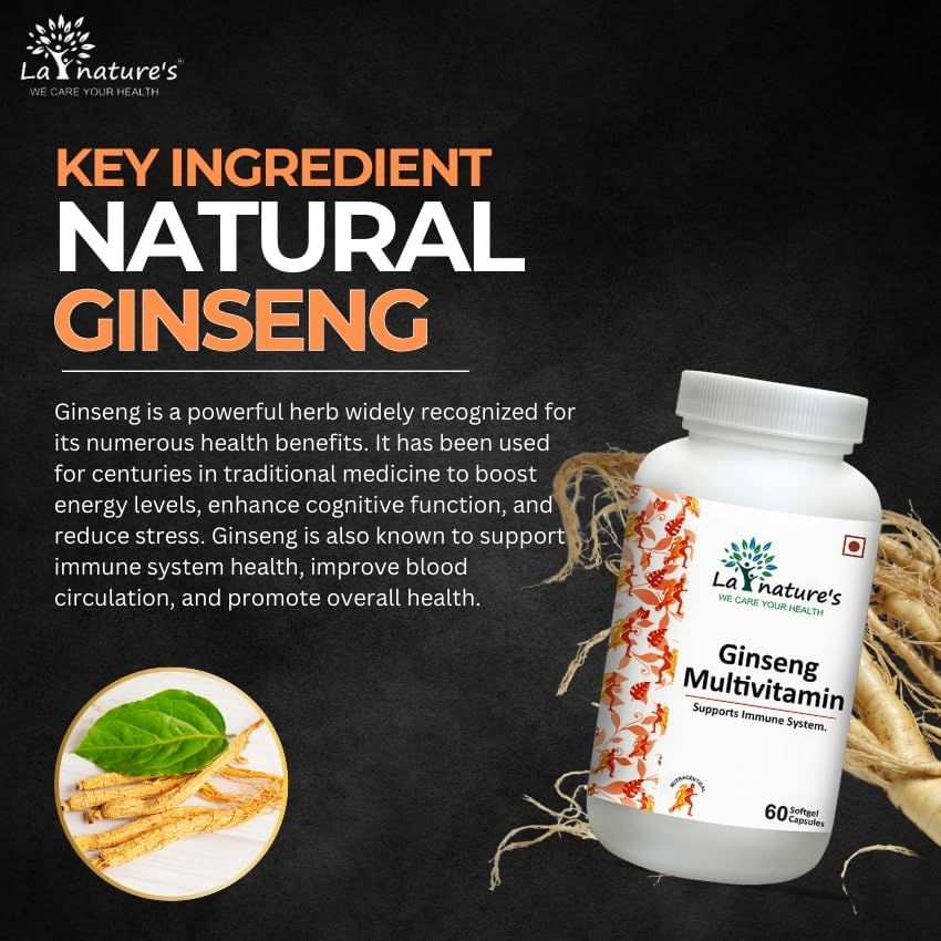 La Nature's We Care Your Health Ginseng Multivitamins & Multimineral Capsules Korean Red Ginseng Root Energy & Immune Support For Men & Women | 60 Soft Gels 100gm 0.2lbs Each Pack Of 2