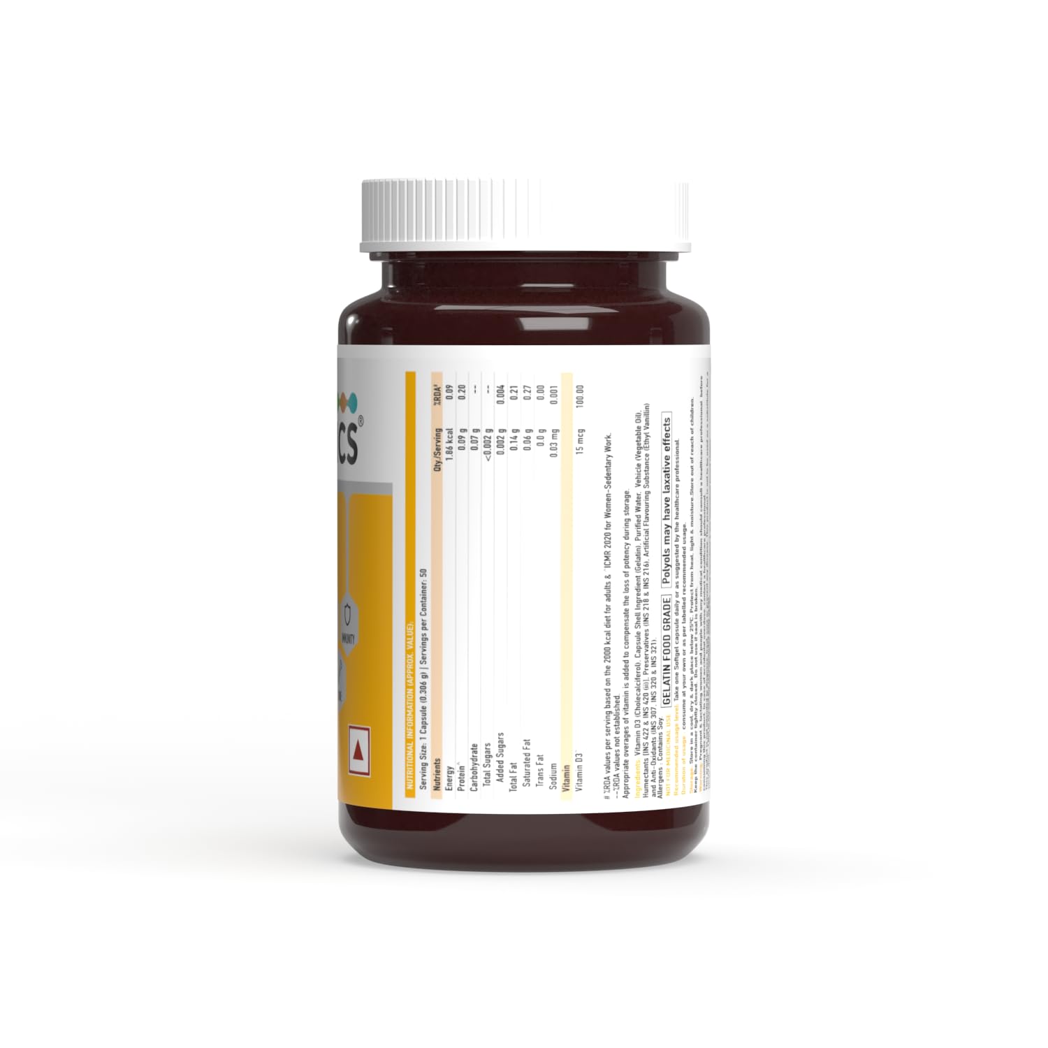 Truebasics Vitamin D3 600 Iu | For Strong Bones, Muscle Strength & Immunity | 50 Capsules , 100gm 0.2lbs