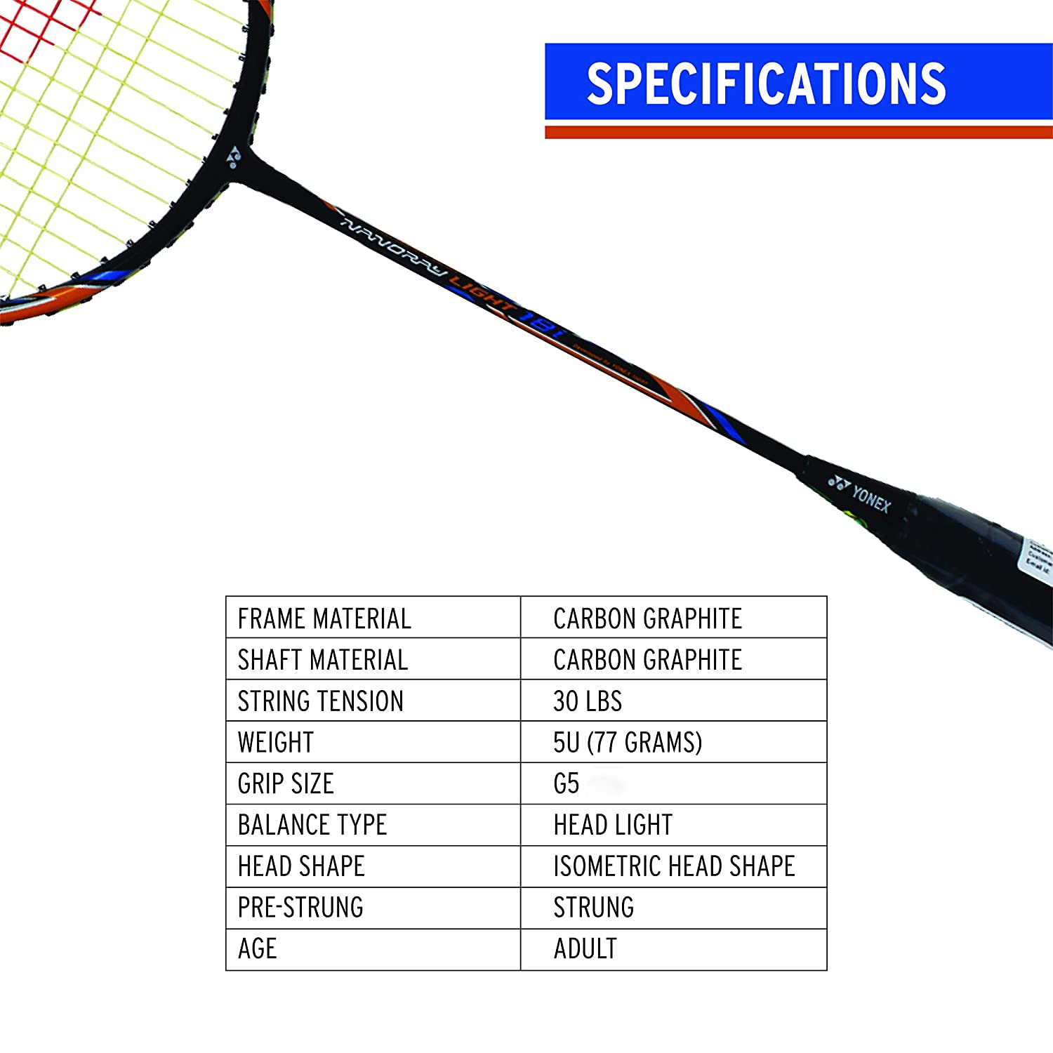 Yonex NANORAY LIGHT 18i Graphite Strung Badminton Racquet, Colour - Black, Grip Size - 4 Inches, For Professional