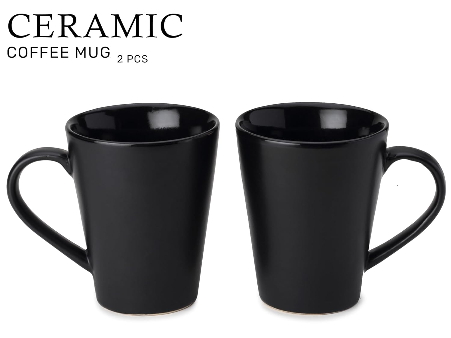 Ceramic Tea & Coffee Serving Mug Set Of 2 - Large, 350ml Each, Black | Ideal For Latte, Cappuccino, Hot Chocolate & Milk - Microwave & Dishwasher Safe | Matte & Glossy Finish