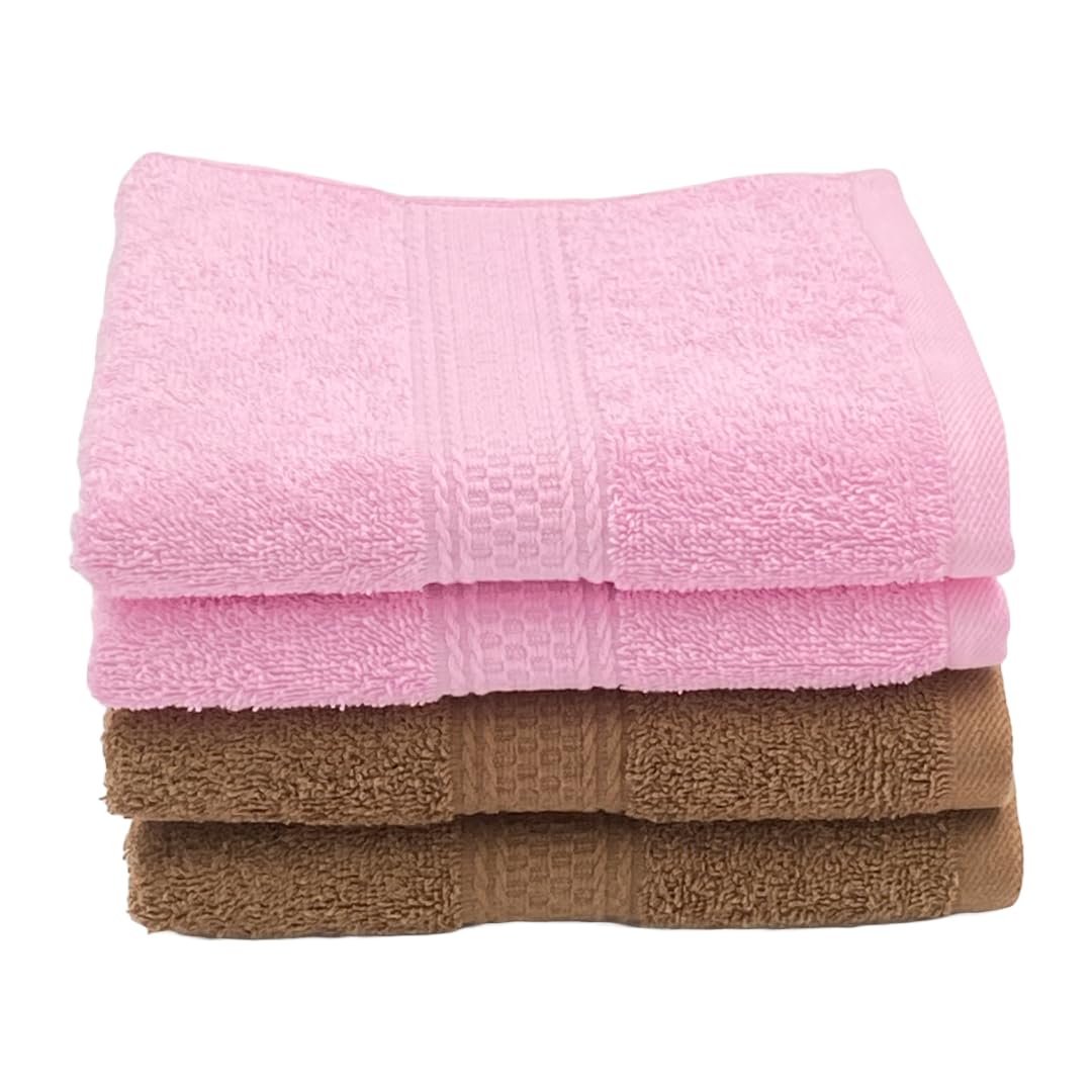 Patpug 100% Indian Ultra Soft Cotton Hand Towel 800 Gsm | For Gym, Workout, Yoga, Wash Basin (Coffee Brown & Baby Pink) - 4 Piece