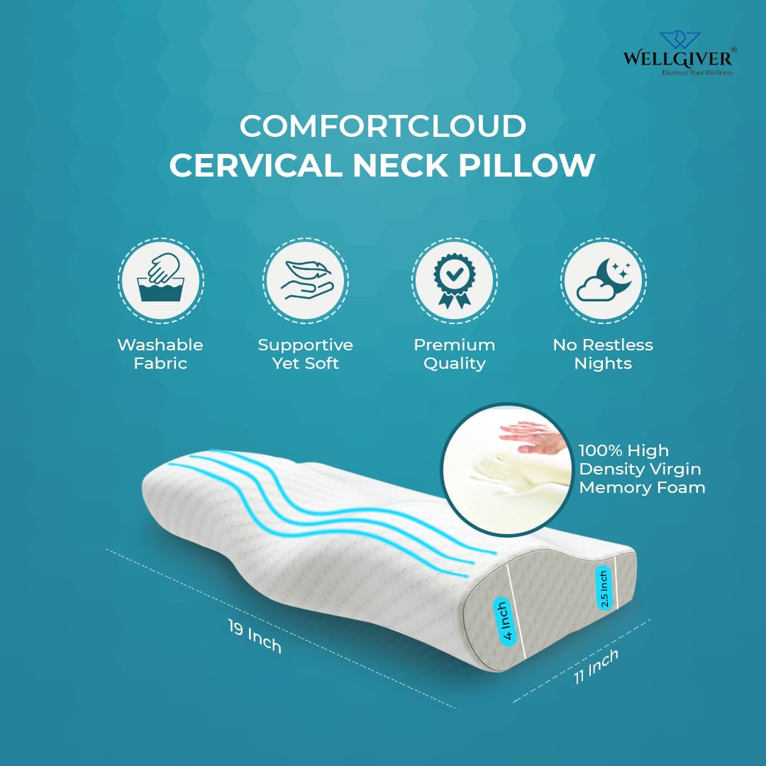 Cervical Memory Foam Pillow For Neck Pain, Standard Size - 19 X 11 X 4 Inch | Orthopedic Pillow Spondylitis Neck & Shoulder, Head Pain | Washable Jacquard White Cover - Pack Of 1