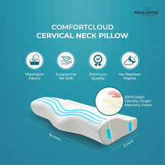 Cervical Memory Foam Pillow For Neck Pain, Standard Size - 19 X 11 X 4 Inch | Orthopedic Pillow Spondylitis Neck & Shoulder, Head Pain | Washable Jacquard White Cover - Pack Of 2