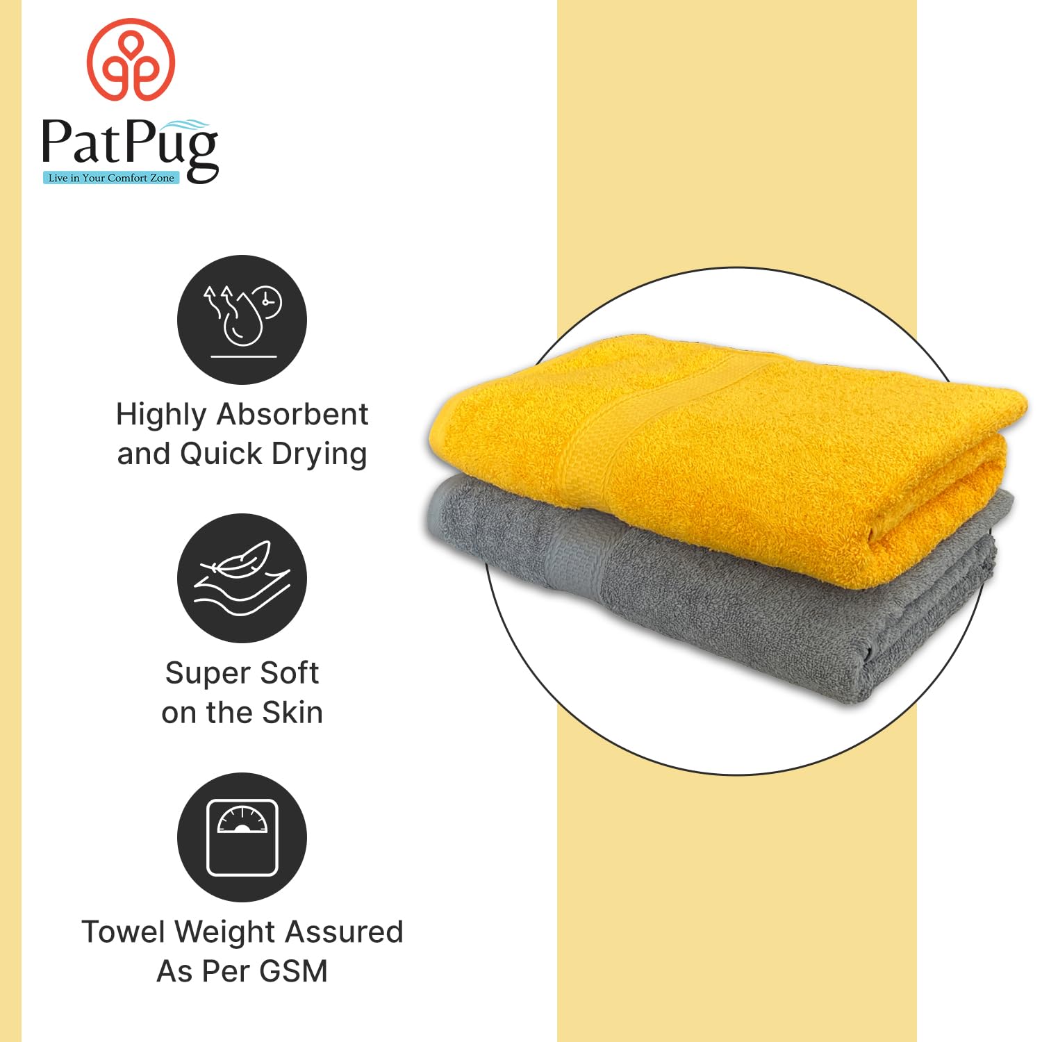 Patpug 100% Indian Ultra Soft Cotton 500 Gsm Highly Absorbent, Fade Resistant, Quick Drying Large Bath Towel (Silver Grey & Sunrise Yellow)
