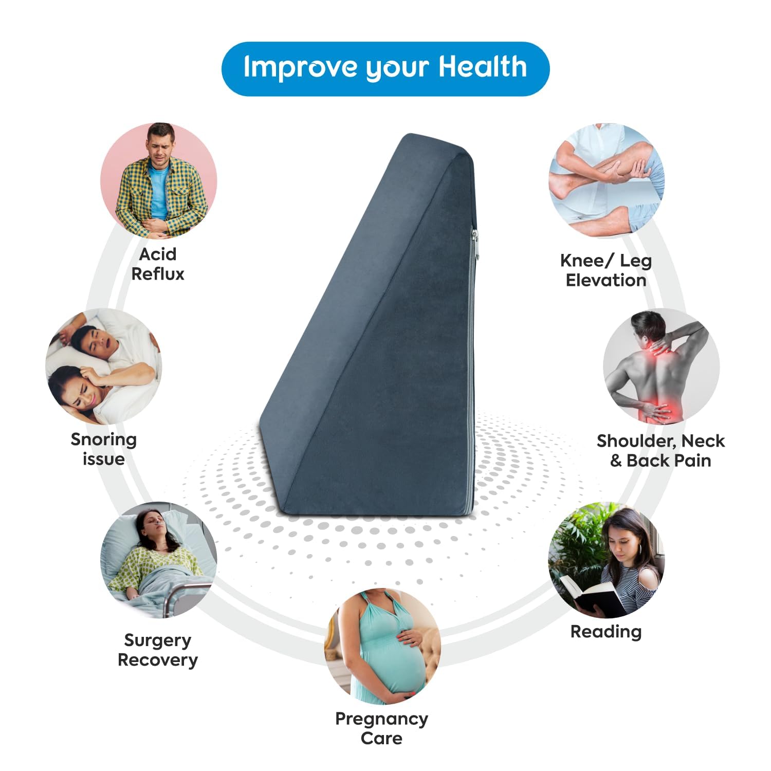 Wedge Pillow, Memory Foam & High Resilience Foam, Bed Wedge Pillow, Grey - Standard Size | For Back Support, Acid Reflux, Multi-Purpose Usage | Lightweight, Removable Cover - Pack Of 2
