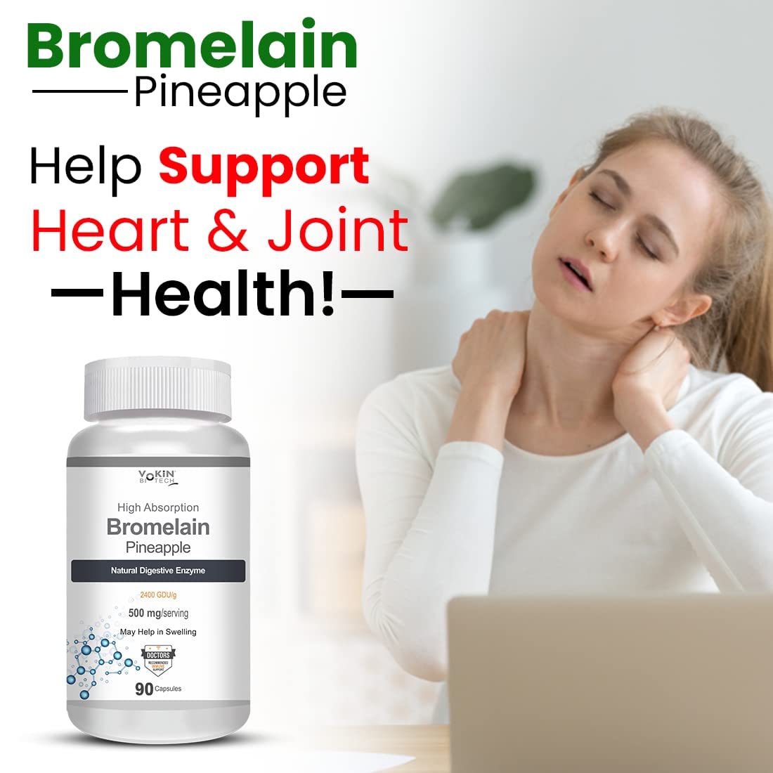 Vokin Biotech Bromelain Pineapple Digestive Enzyme- 2400 Gdu/ G - 500 Mg | 90 Capsules 150gm 0.3lbs