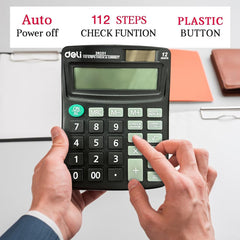 Deli W39251 Calculator 12-digit display | 3 Years Warranty | Steps Check and Correct Function | Palm Calculator for Students - Black