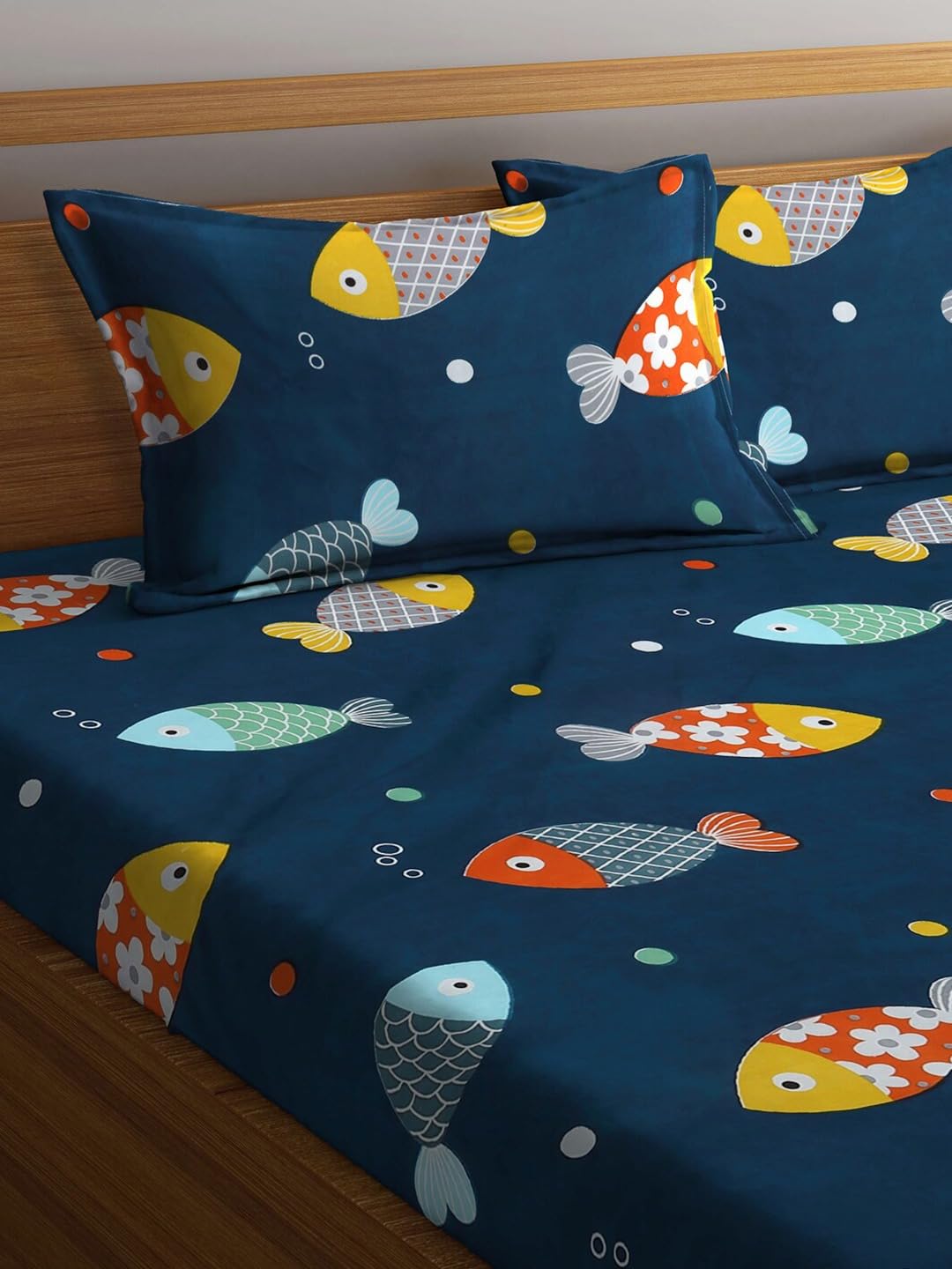 Cartoon Printed Double Bedsheet For Kids With 2 Pillow Cover - 72 X 78 X 10 Inches, Navy Blue | Cotton Feel All Around Elastic Fitted King Size Double Bed