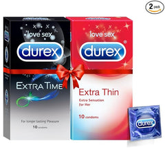 Pleasure Packs (Durex Extra Thin 10s, Extra Time 10s)- Pack Of 2