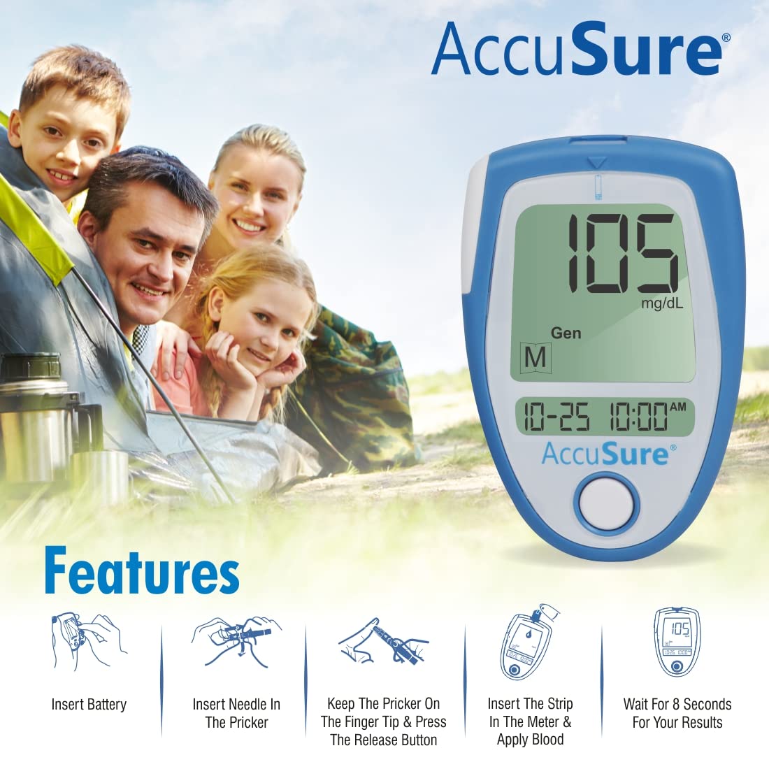 AccuSure Blood Glucose Monitoring System + Test Strips - 25 Strips, Multi Color