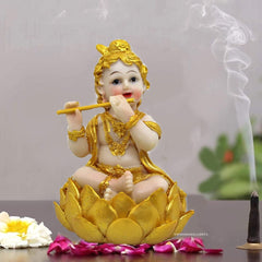 Laddu Gopal Kanha Ji Murti, Bal Gopal, Makhan Chor Statue, Gold, Resin - 5 Inch, Lotus Krishna Suitable For Home Décor & Showpiece, For Gifting Purpose On Any Occasion