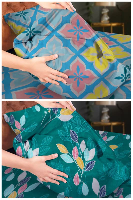 Printed Bedsheets Combo Pack Of 2 Single Bedsheet With 2 Pillow Cover | 58 X 88 Inches, Dark Green & Multicolor | Super Soft Premium Brushed Glace Cotton Bedsheet, Breathable & Wrinkle Free