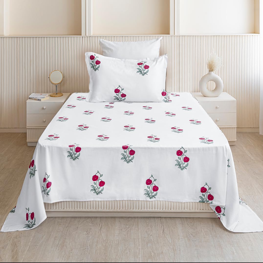 Luxurious Floral Printed Flat Bedsheets With 1 Pillow Cover - 60 X 90 Inches, Red & White | Breathable & Wrinkle Free | Soft & Durable