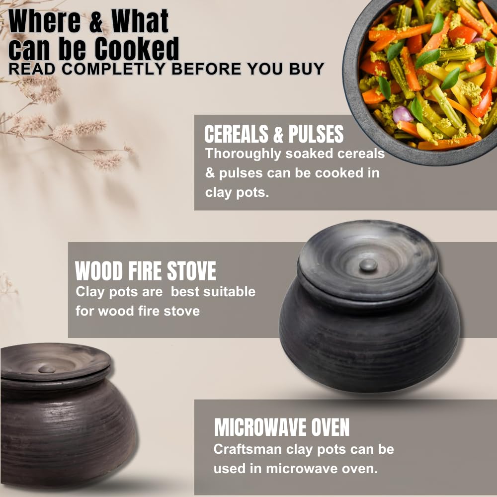 Exclusive Range Unglazed Clay Biryani Handi With Lid - 2 Liters | Earthen Pot For Cooking & Serving With Lid, Black