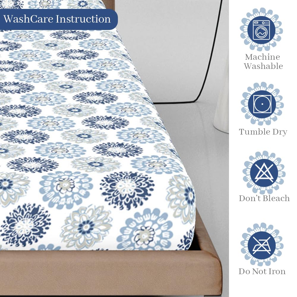 Printed King Size Double Bedsheet With 2 Pillow Cover For Bedroom | 72 X 78 Inches, Grey & Blue - All Around Elastic Fitted | Ideal For Everyday Use
