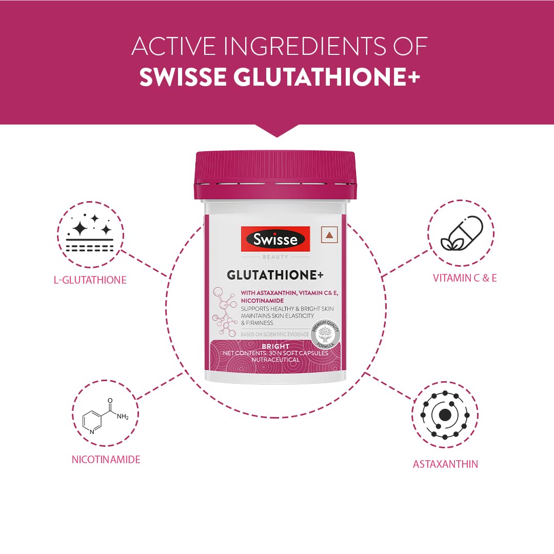 Swisse Glutathione+ Glutathione With Astaxanthin, Vitamin C & E, Nicotinamide For Healthy, Radiant & Youthful Skin | 30 Capsules , 50gm 0.1lbs