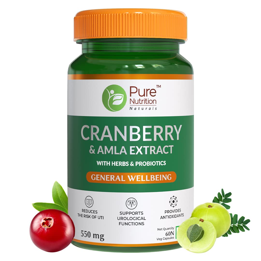 Pure Nutrition Cranberry & Amla Extract With 3bn Cfu Probiotics, Uti Health Supplement For Unisex, Useful For Bladder & Urinary Tract Infections | 550mg 60 Veg Capsules 100gm 0.2lbs