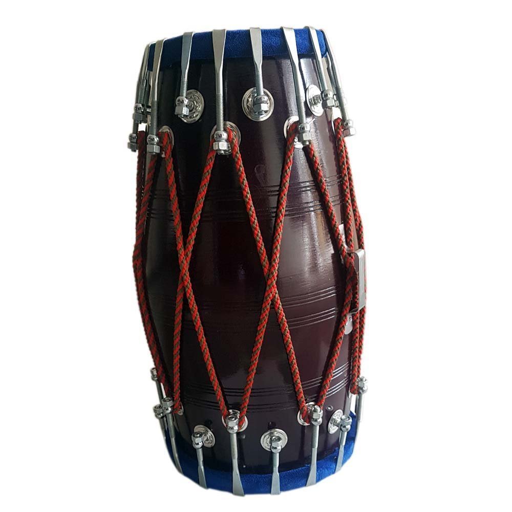 Handmade Wooden Dholak (Dholki), Brown - Indian Folk Musical Instrument Drum Tied Thru Rope