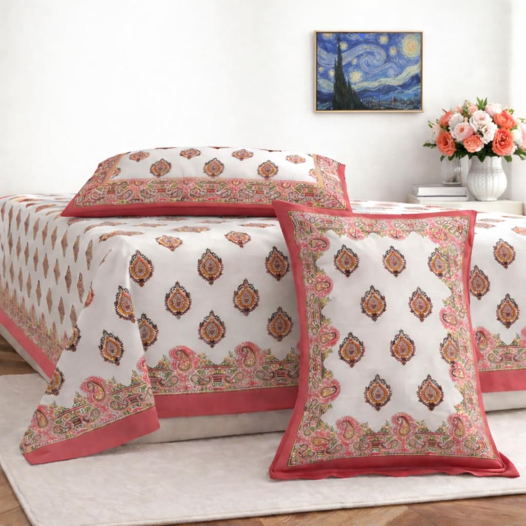 Hand Printed Cotton Bedsheet For King Size With 2 Pillow Covers | 93 X 108 Inches, Pink & Cream | Ultra-Soft & Skin-Safe | Breathable Summer Comfort