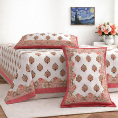 Hand Printed Cotton Bedsheet For King Size With 2 Pillow Covers | 93 X 108 Inches, Pink & Cream | Ultra-Soft & Skin-Safe | Breathable Summer Comfort