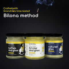 Natural A2 Cow Desi Ghee + Cultured Ghee & Buffalo Ghee By Hichkie | Rich In Vitamin A, D & K Healthy Vedic Bilona Method Pure Desi Ghee | 300ml (100ml * 3) 10.1 Ounce | Combo Pack