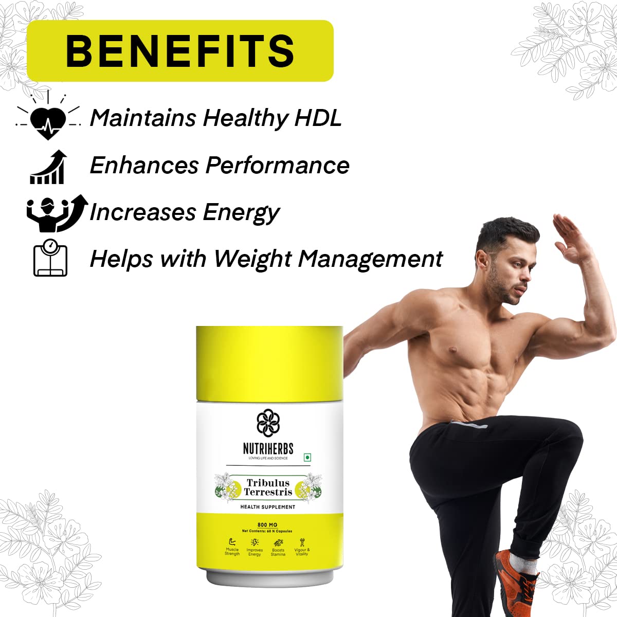 Nutriherbs Tribulus Terrestris Gokshura Capsules 800mg Men's Health & Testosterone Support Natural Energy, Stamina, & Performance Booster, Organic Gokshura Fruit | 60 Capsules 100gm 0.2lbs