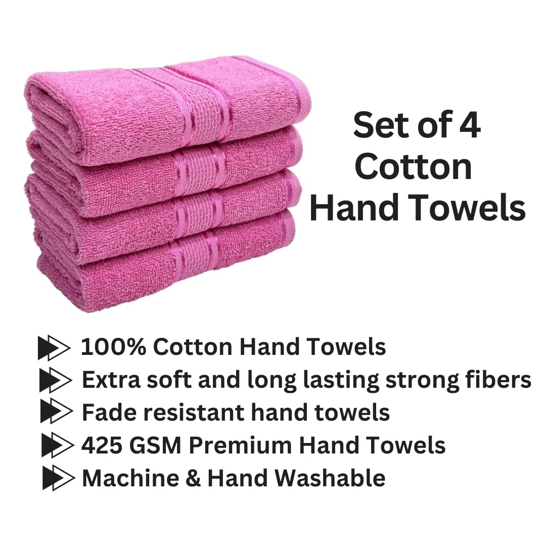 Stamio Cotton Hand Towel 800 Gsm | Soft, Absorbent, Quick Dry, Small Size Towels, Travel Friendly Towel (Baby Pink) - Set Of 4