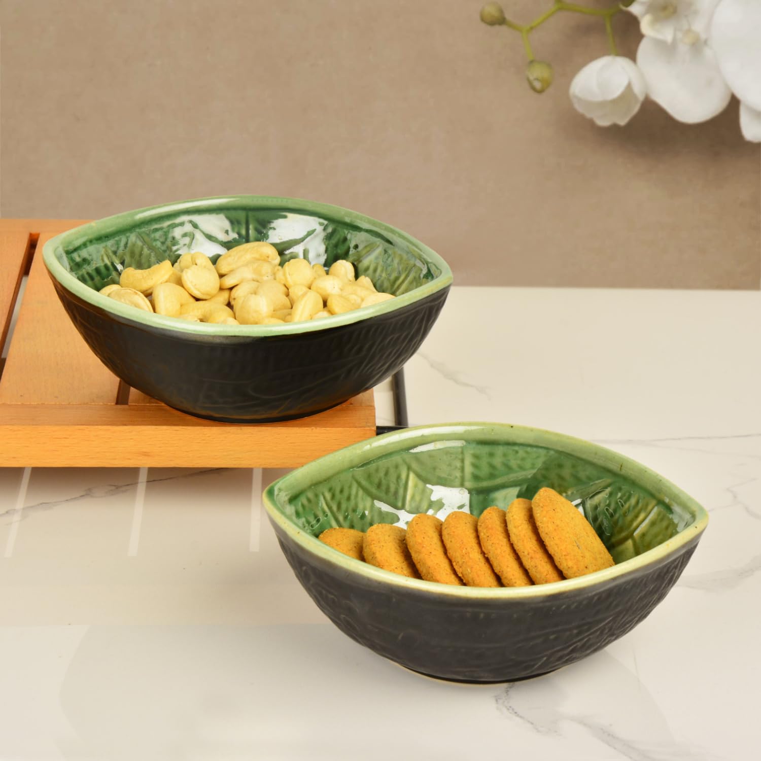 Studio Pottery Almond Shaped Ceramic Nut Bowls Set Of 2 - 450ml Each, Green & Black | Cookies, Dry Fruits, Sweets, Snack Serving Bowls - Party Bowls