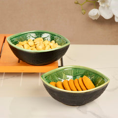 Studio Pottery Almond Shaped Ceramic Nut Bowls Set Of 2 - 450ml Each, Green & Black | Cookies, Dry Fruits, Sweets, Snack Serving Bowls - Party Bowls