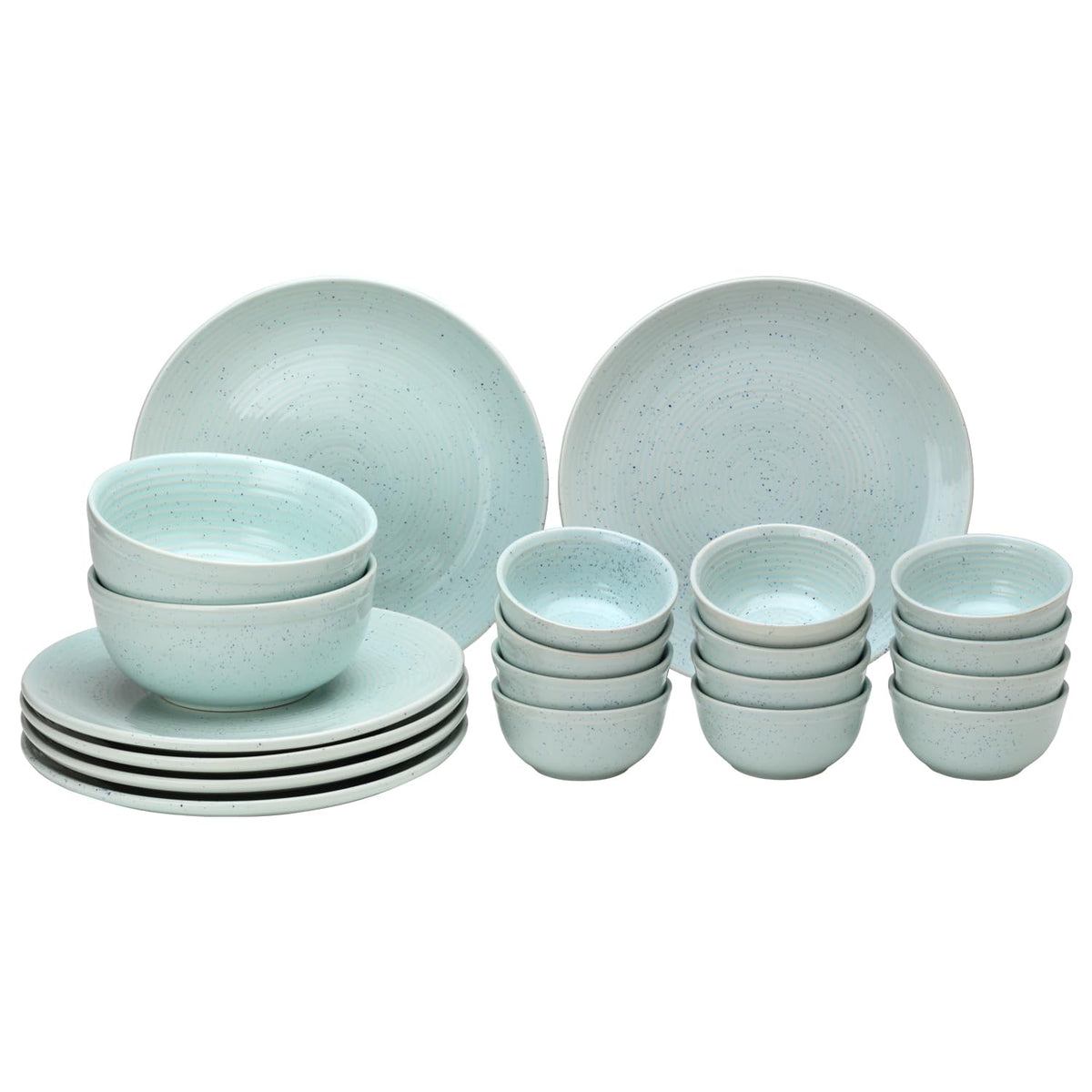 Handcrafted Ceramic Stoneware Dinner Set Of 20 Pcs With Serving Bowl Set - Mint Green | 6 Dinner Plates, 10.6 Inch Each + 12 Salad Bowl, 180ml Each+ 2 Serving Bowl, 1000ml Each | Serving For 6