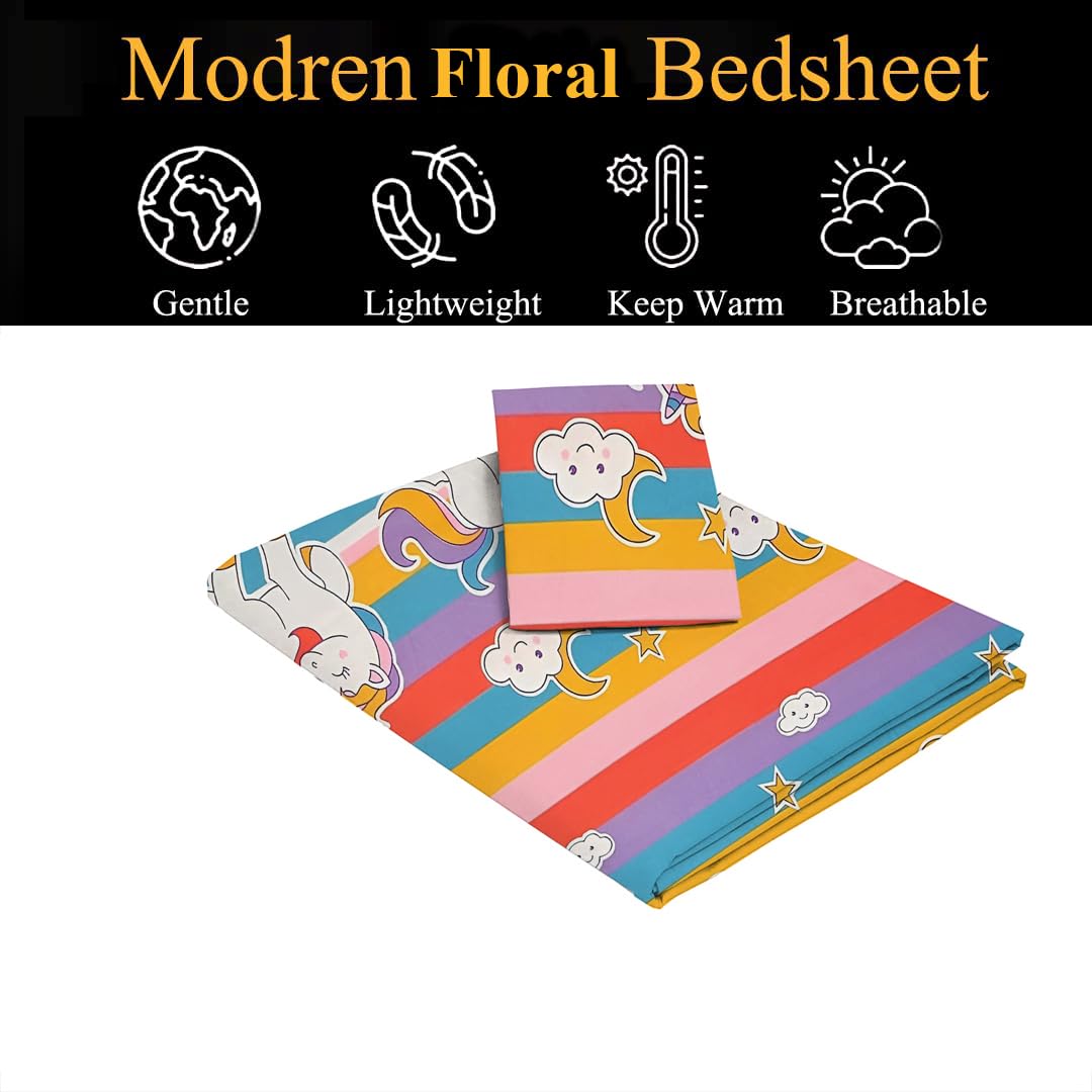 Kids Single Bedsheet With 1 Pillow Covers - 60 X 90 Inches, Multicolor | Soft Wrinkle Free Breathable Easy Care | Color Fade Resistant Bedsheet