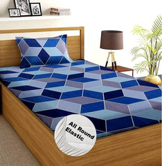 Bedsheet Single Size Elastic Fitted With 1 Pillow Cover - 48 X 72 X 8 Inches, Blue & Grey | Soft Touch To Skin | Perfect Ideal For House, Hotel, Guest House Bedsheet