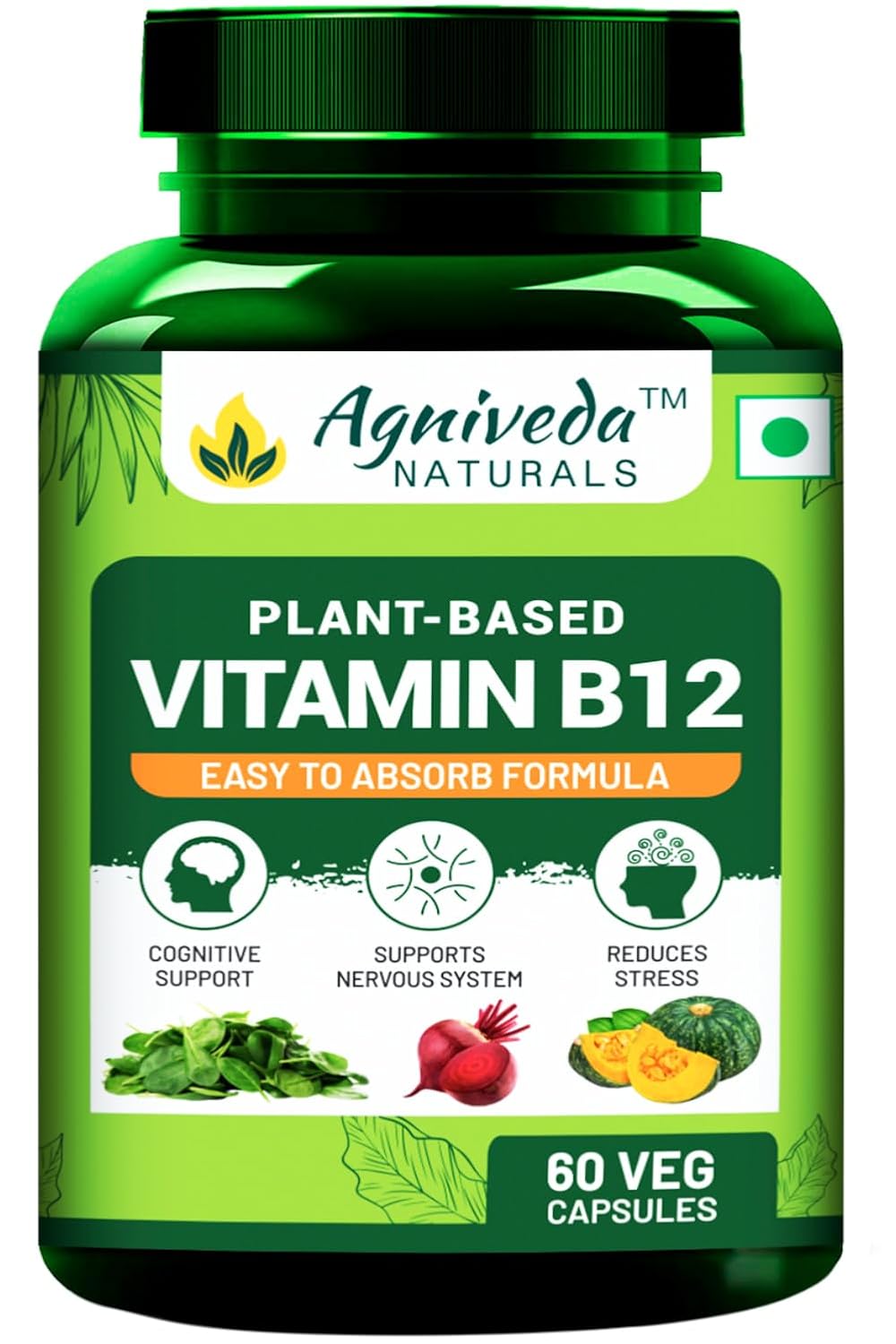 Agniveda Plant Based Vitamin B12 For Men & Women , Natural Formulation For Vegetarians & Vegans To Support Nervous System & Brain Function | 60 Capsules , 100gm 0.2lbs