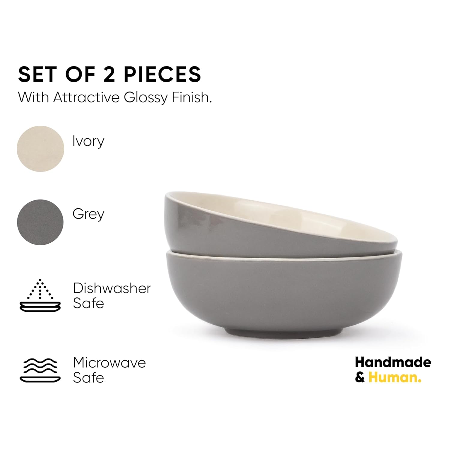 Ceramic Pasta Bowl Set Of 2 Pieces - 18cm, Grey Ivory, 800ml Each | Stoneware Ceramic Serving Bowls | Pasta Plate - Deep Plate | Ceramic Bowl With Glossy Finish - Pasta Serving Plate