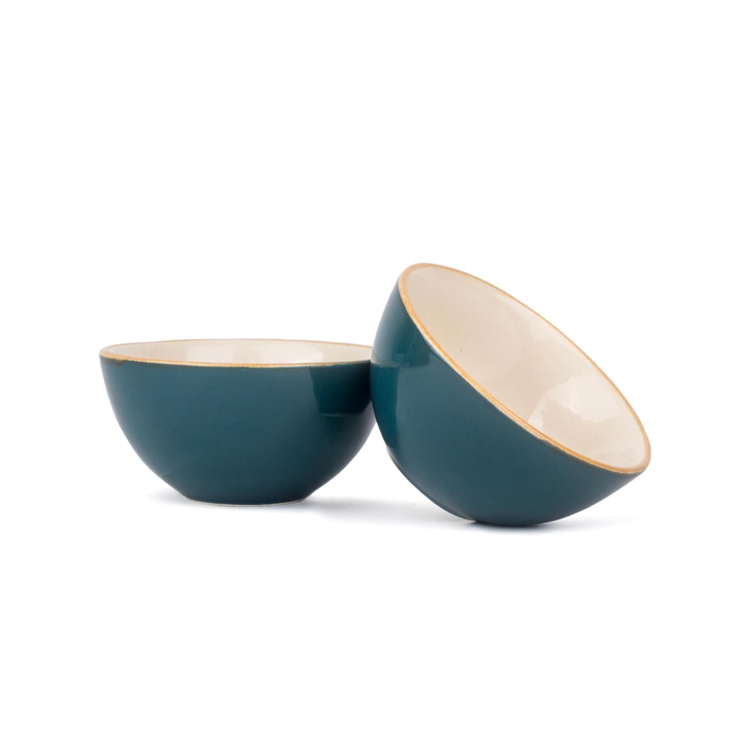 Ceramic Veg Bowls Set Of 6 For Dinner - 180ml Each, Teal Ivory | Katori Set With Glossy Finish - Stoneware Ceramic Bowls Set | Dessert Bowl Set - Durable & Microwave Safe