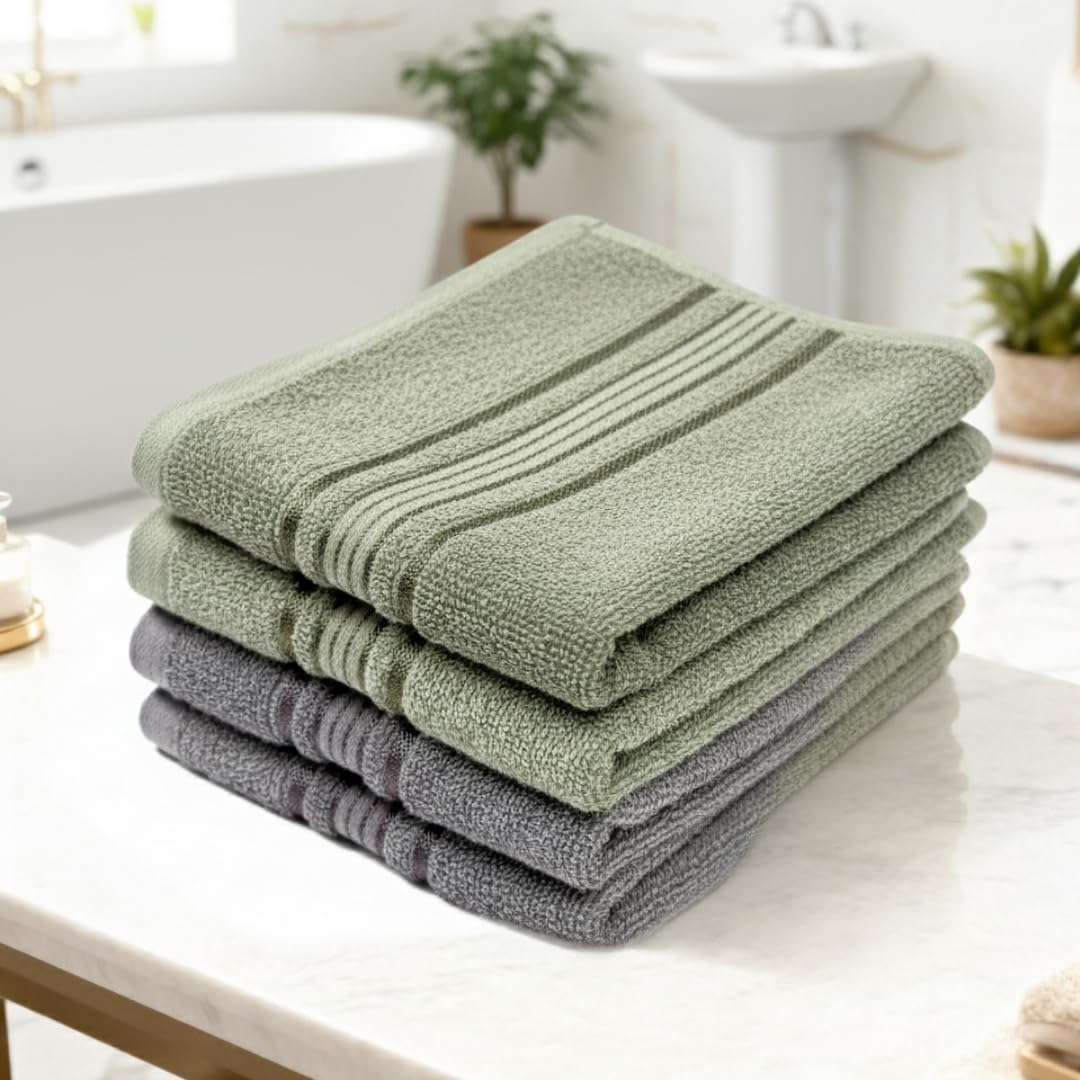 Akiko Home 100% Cotton Essential Series Hand Towels 800 Gsm | Soft, Absorbent & Durable, Cotton Hand Towel | Pack Of 4 (Green & Grey)