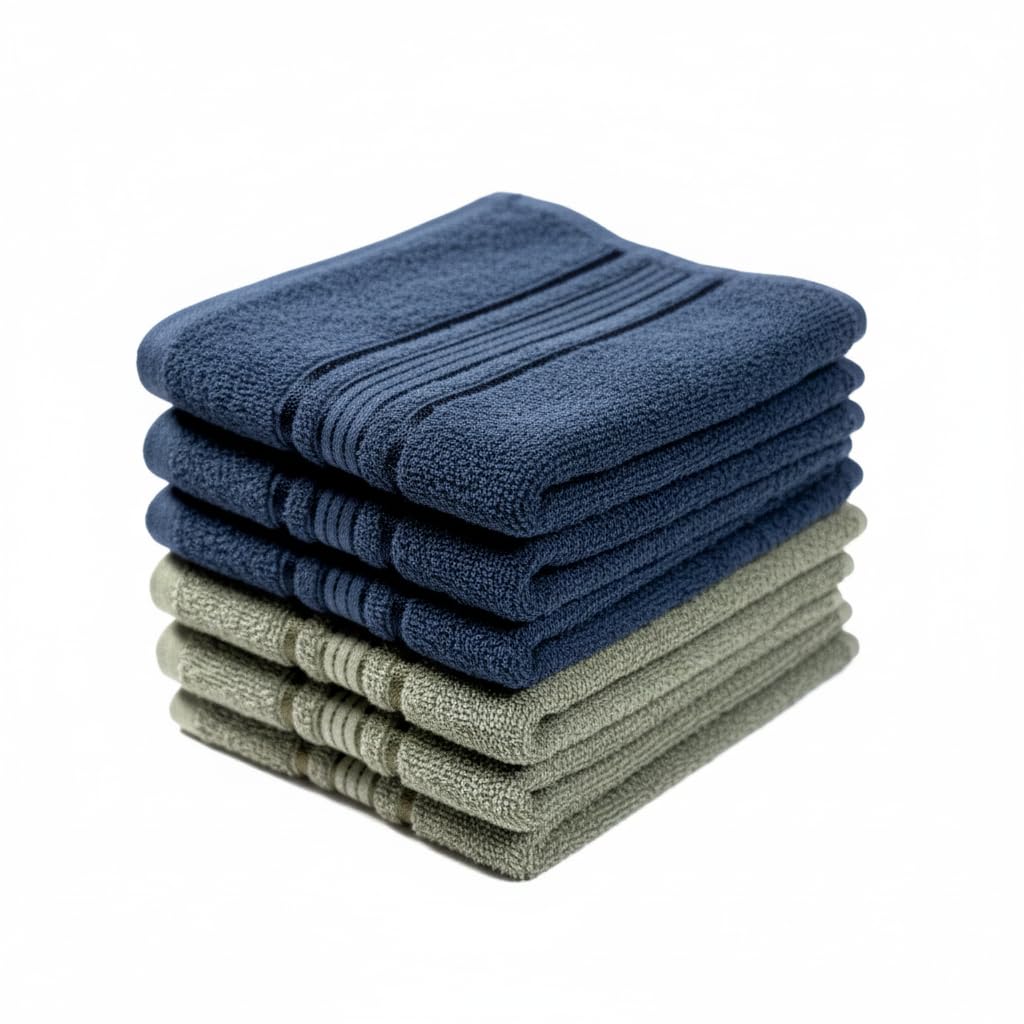 Akiko Home 100% Cotton Essential Series Hand Towels 1200 Gsm | Soft, Absorbent & Durable, Cotton Hand Towel For Bathroom Use, Gentle On Skin- Pack Of 6 (Navy & Green)