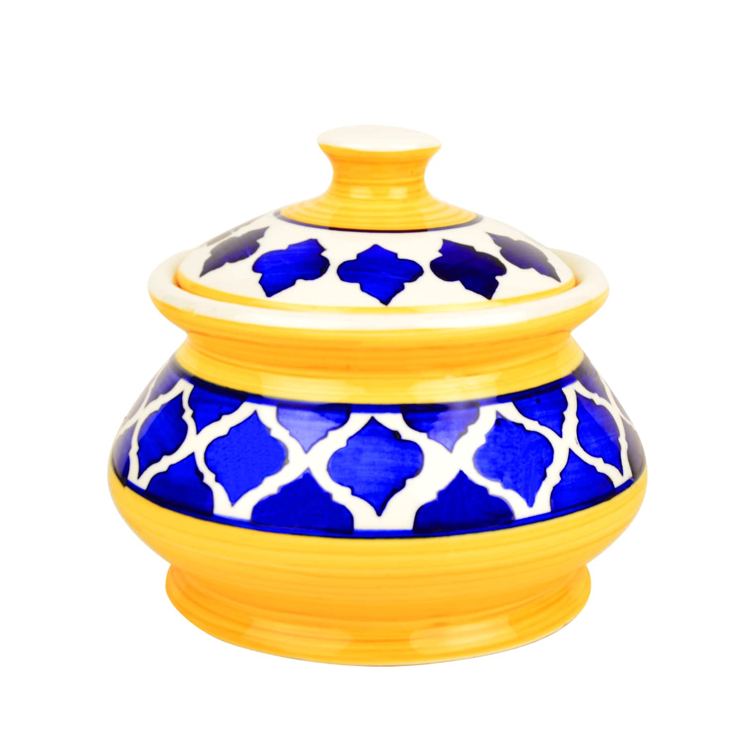 Hand Painted Ceramic Handi Set With Lid Set Of 3 - 1900ml, 1200ml & 650ml, Blue & Yellow | Dinner Serving Bowls - Biryani Handis, Serving Pots