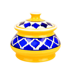 Hand Painted Ceramic Handi Set With Lid Set Of 3 - 1900ml, 1200ml & 650ml, Blue & Yellow | Dinner Serving Bowls - Biryani Handis, Serving Pots