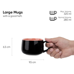 Ceramic Medium Cup Set Of 2 - Black & Pink, 320ml Each | Cup Set Of 2 For Coffee & Tea With Glossy Finish - Premium Stoneware Ceramic Cup | Microwave Safe & Dishwasher Safe