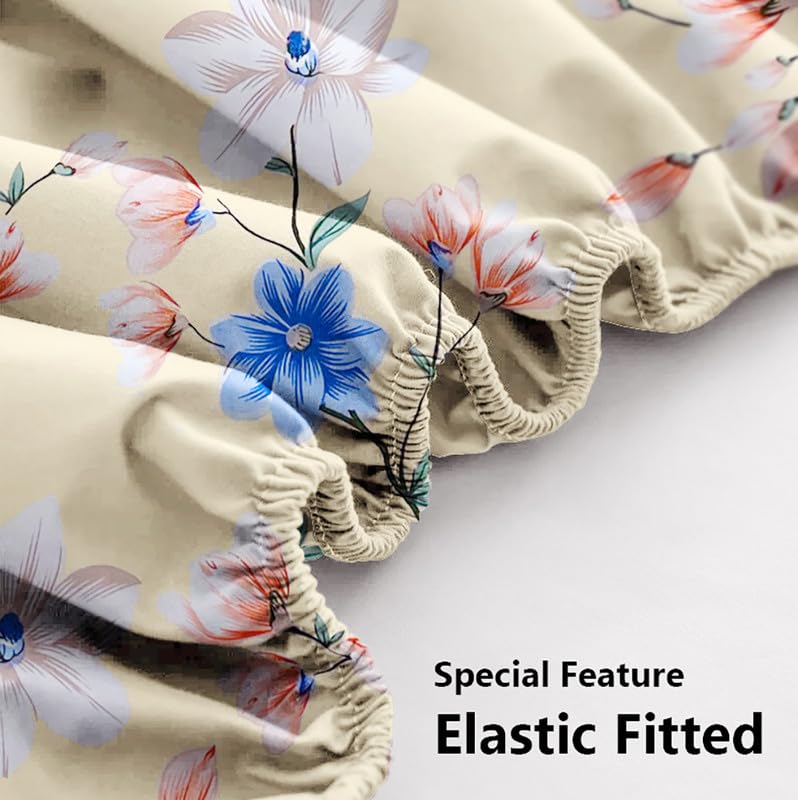 Cotton Elastic Fitted Bedsheets With 2 King Size Pillow Covers | 72 X 78 Inches, Cream & Blue - Double Bed Wrinkle Free With All Around Elastic 220 Thread Count Super Soft