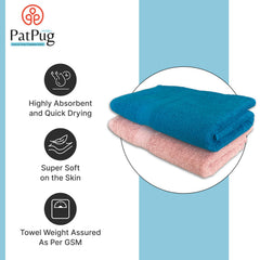 Patpug 100% Indian Ultra Soft Cotton 500 Gsm Highly Absorbent, Fade Resistant, Quick Drying Large Bath Towel (Turquoise Blue & Baby Pink)
